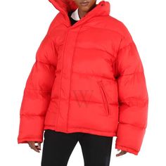 Red Balenciaga, Red Jacket, Outerwear Women, Puffer Jacket, Balenciaga, Off Shoulder, Puffer, High Neck, Coats Jackets