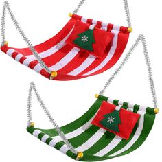 two red and green striped christmas hammocks hanging from chains