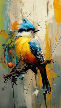 a painting of a colorful bird sitting on a branch