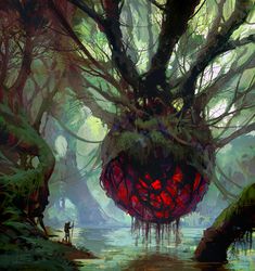 an artistic painting of a red ball in the middle of a forest with water and trees