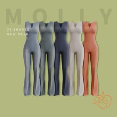 four women's bodysuits are shown in three different colors and sizes, with the words moly below them