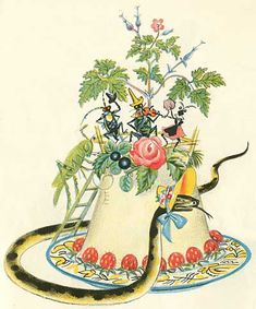 a drawing of a bell with flowers and birds on it's side, sitting on a plate