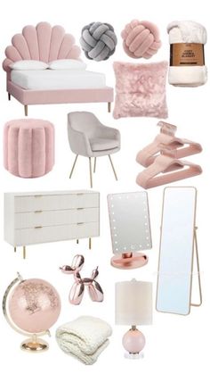 a collage of pink and white furniture, pillows, lamps, mirrors, rugs