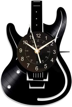 Wall clock made from an upcycled vinyl record cut in the shape of an electric guitar. Guitar Clock, Wall Clock With Pictures, Wall Clock Decor Ideas, Wall Clocks Large, Clock Decor Ideas, Vinyl Record Crafts, Music Clock, Wood Clock Design, Silver Wall Clock