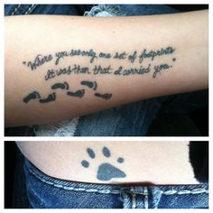 two pictures show the same tattoo on someone's arm, one with an animal paw and