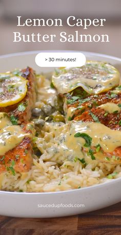 lemon caper butter salmon on top of rice in a white bowl with the title above it