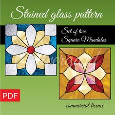 the front cover of stained glass pattern set of two square medallions, featuring flowers and leaves