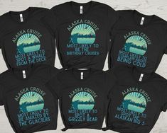 "These matching Alaska cruise most likely to family shirts are perfect for a family vacation, family reunion, girls trip or honeymoon cruise holiday. Buy it for yourself or as the perfect cruise gift. Alaska Cruise Most Likely to Cruise Shirts, Family Cruise Shirts, Funny Cruise Shirts, Matching Cruise Shirt, Group Cruise Shirts, Custom Cruise T-Shirts ⭐️HOW TO ORDER⭐️ Select your quantity of shirts in the specific colour/size and click \"ADD TO BASKET\"   Repeat as needed by returning to the li Alaska Cruise Shirts Ideas Group, Family Matching Tops With Letter Print, Cotton Tops With Letter Print For Family Trip, Family Matching Short Sleeve Tops For Family Trip, Black Crew Neck Top For Family Vacation, Black Crew Neck Top For Family Outings, Funny Cruise Shirts, Cruise Shirts Funny, Group Cruise Shirts