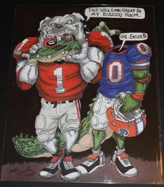 an alligator and football player are standing next to each other with the words, this will look great in my bulldog's room