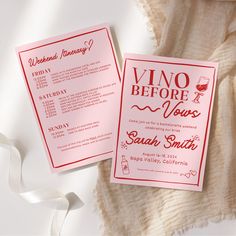 the wedding stationery was designed to look like a wine tasting menu, and is pink with red lettering