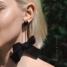 Black Bow Earrings, Bow Dangle Earrings,  Drop Earrings, dangle bow earrings,bow statement earrings , ribbon earrings, ribbon bow, gift for her Bow drop and dangle earrings, black ribbon tied in a pretty bow dangles from a black stud and black rod attached to a bow.  Large bows earrings  measure 4.5 inches long and 2.5 inches wide.  These earrings would be very pretty with a pretty little black or dressed down with a tee and jeans.  These earrings would also make a perfect gift. Ribbon Earrings, Black Stud, Large Bow, Bow Earrings, Earrings Drop, Earrings Black, Style And Grace, Ribbon Tie, Black Ribbon