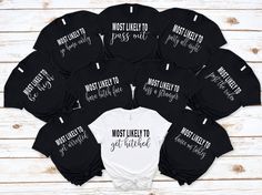 six shirts with the names of different countries on them, all in black and white