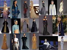 many different dresses and gowns are shown in this collage, including women's clothing