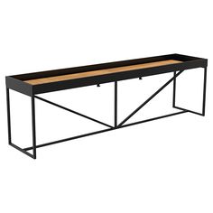 a black metal and wood bench on a white background