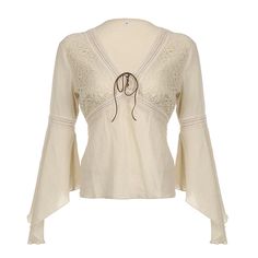 Lasaky - Stylish Casual Jacquard Mesh Blouse with Ruffled Sleeves and Tie Collar, Loose Fit Top Techno Fashion, Moda Cyberpunk, Flared Sleeves Top, Moda Punk, Flare Long Sleeve, Mesh Blouse, Ruffles Fashion, Cutout Design, Long Sleeve Knit Sweaters