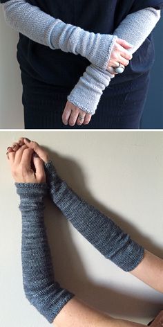 two pictures of hands with arm warmers on