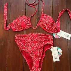 Never Worn, Nwt Size S In Both Top And Bottom Rhode X Target Zinnia Floral Print Bandeau Halter High Waist Bikini Bottom Size Small Top Size Small Bottom Bandeau Halter Bikini Top Zinnia Floral Print In Red Lightweight Fabric With Stretch Removable Cups Material: 82% Recycled Nylon, 18% Spandex Garment Style: Behind The Neck Tie, Back Hook Sheerness: Opaque Garment Details: Adjustable Strap Bra Cup Construction Details: Removable Cup Red Fitted Tankini For Pool, Fitted Red Tankini For Pool, Fitted Tankini For Beach Season Holiday, Red Fitted Tankini For Beach Season, Red Fitted Swimwear For Vacation, Red Fitted Swimwear For Holiday, Fitted Red Tankini For Beach Season, Fitted Red Swimwear For Vacation, Fitted Red Swimwear For Holiday