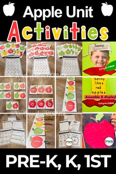 the apple unit activities for prek, k, 1st and 2nd grade are shown