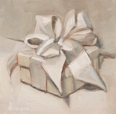 a painting of a wrapped gift box with a bow on the front and side, in pastel