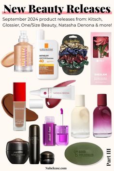 A range of new beauty products for September 2024, featuring sunscreen, foundation, lip masks, nail polish, serums, blush, and satin scrunchies from brands like Milk Makeup, La Roche-Posay, Kitsch, and Natasha Denona. Skincare And Makeup, Natasha Denona, Ribbon Roses, Lip Mask, La Roche Posay, Makeup Essentials, Lip Tint