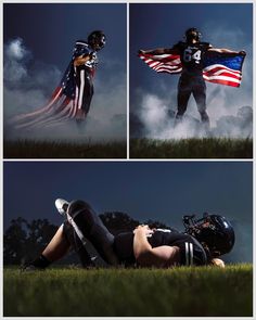 three different shots of a football player with an american flag on his back and the other side