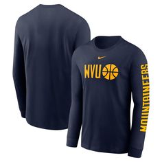 Rep your favorite college basketball team with the Nike Basketball Icon Two-Hit Long Sleeve T-Shirt, designed for dedicated West Virginia Mountaineers fans. This tee features the West Virginia Mountaineers basketball icon boldly displayed across the chest, making it clear which team you support. With the team wordmark running down each sleeve, this shirt provides a sporty and spirited look for any fan. Nike College Fan Apparel T-shirt, University Logo Tops For Sports Events, Fan Apparel Tops With University Logo, Nike Pre-shrunk Sports Fan Top, University Logo Sports Fan Tops, University Logo Tops For Team Spirit, Nike Sports Fan Top, University Logo Tops For Fan Gear, Team-colored University Logo Tops For Fans