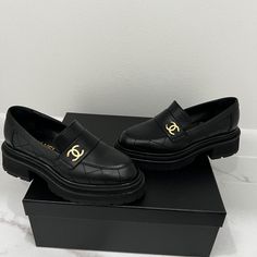 Black And Gold Hardware. Beautiful And Elegant Chanel Mocassins Worn Only Once. Receipt Available. Purchased At Crystal Shops In Vegas Black And Gold Hardware, Crystal Shops, Chanel Loafers, Shoes Chanel, Crystal Shop, Chanel Shoes, Black And Gold, Moccasins, Gold Hardware