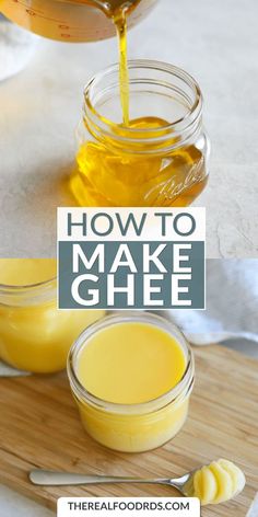 how to make gheee in jars and spoons on a cutting board with text overlay