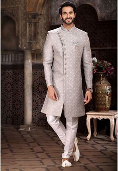 Grey Sherwani, Mens Indo Western, Faiza Saqlain, Groom Dress Men, Mens Sherwani, Shapewear Dress, Chinese Collar, Wedding Sherwani, Peach Saree