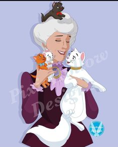 an older woman holding two cats and one cat is wearing a purple dress with white hair