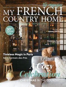 a magazine cover with a cat sitting on the back of a couch in front of a bookshelf