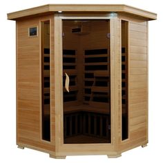 a sauna is shown with the door open