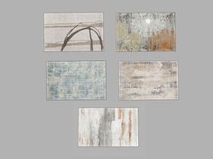 four different types of art work displayed on a gray background, each with an abstract design