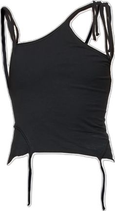 Edgy One-shoulder Summer Top, Edgy One-shoulder Top For Summer, Black Cotton Tops With Tie Straps, Black Cotton Top With Tie Straps, Casual Black Asymmetrical Tank Top, Chic Black Asymmetrical Hem Tank Top, Chic Black Tank Top With Asymmetrical Hem, Edgy Tank Top With Tank Straps For Summer, Black Asymmetrical Tank Top For Summer