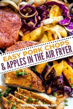 easy pork chops and apples in the air fryer with text overlay that says easy pork chops and apples in the air fryer