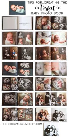 an open book with pictures of babies in it and the title tips for creating the perfect baby photo book