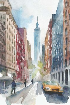 a watercolor painting of a city street with cars and people walking on the sidewalk