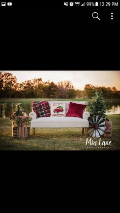 a couch sitting on top of a lush green field