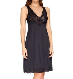 Your outfit would not be complete without this v-neck full slip. The lace trim adds a touch of sophistication. Made of knit polyamide (nylon). Gorgeous sheer floral lace at top front has princess seaming for bust shape, with scalloped edges that extend to front of straps. Armholes and top of back have picot edges. Wide straps do not adjust. Bottom hem has scalloped lace trim for a delicate touch. Hem comes to just above the knee for great coverage. Anti-static satin is semi-opaque and will not c Fitted V-neck Camisole With Contrast Lace, Lace Camisole With Lace Trim For Daywear, Lace Trim Camisole For Daywear, V-neck Camisole With Lace Trim, Lace V-neck Camisole With Contrast Lace, V-neck Lace Camisole With Contrast Lace, Sheer V-neck Camisole For Daywear, Black Lace V-neck Camisole, Lace Bodice Camisole For Daywear