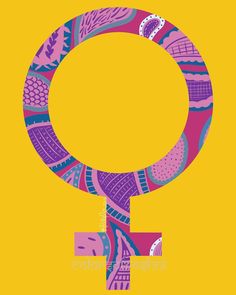 an image of a woman's symbol on a yellow background with pink and purple colors