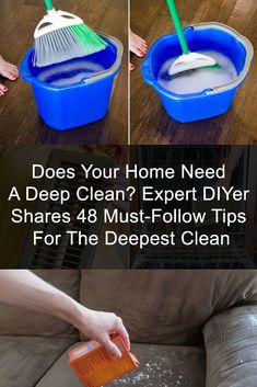 two pictures showing how to clean a couch and cleaning it with a mop, brush and