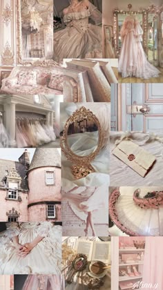 a collage of photos with pink and gold