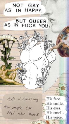 an altered collage with words and pictures on it, including the image of a woman's face