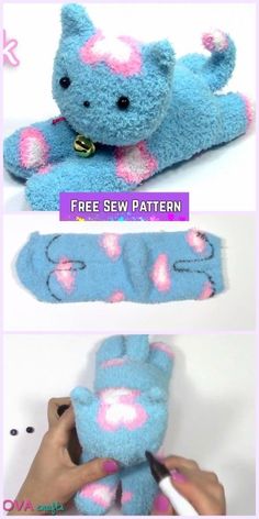 a blue teddy bear with pink spots on it's face and the words free sew pattern