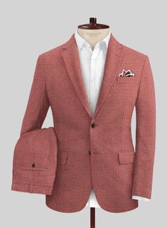 Embellish the classic stalwart of occasional dressing with our Italian Prato Tango Houndstooth Linen Suit. However, crafted from a pure linen fabric that brings a crisp, breezy feel aligning with surreal smoothness with a striking houndstooth pattern over brown and pink hues, it is a standout choice for ceremonial occa Classic Fitted Linen Tweed Jacket, Fitted Linen Tweed Jacket With Notch Lapel, Fitted Linen Tweed Jacket With Single Breasted Design, Fitted Single Breasted Linen Tweed Jacket, Fitted Linen Tweed Jacket Single Breasted, Fitted Linen Single Breasted Tweed Jacket, Fitted Linen Single-breasted Tweed Jacket, Elegant Fitted Tweed Jacket With Houndstooth Pattern, Elegant Fitted Houndstooth Tweed Jacket