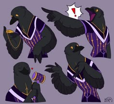 some black birds with different outfits and beaks, one is holding a cup while the other