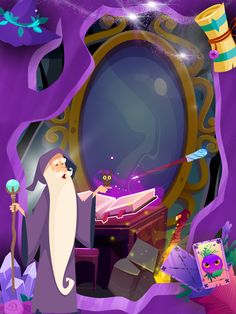 an animated wizard is standing in front of a mirror and looking at the magic wand