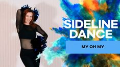 a woman in a black top is dancing with colorful paint on her body and the words sideline dance my oh my