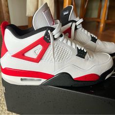 Air Jordan 4 Red Cement. Like New Worn Once. Includes Box And All Original Packaging. Jordan 4 Red, Cement Color, Shoes Jordan, Air Jordan 4, Jordans For Men, Black White Red, Jordan Shoes, Mens Shoes Sneakers, Cement