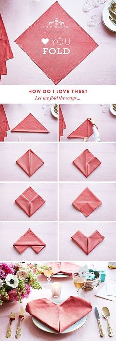 how to fold napkins on a table with pink flowers and silverware in the background